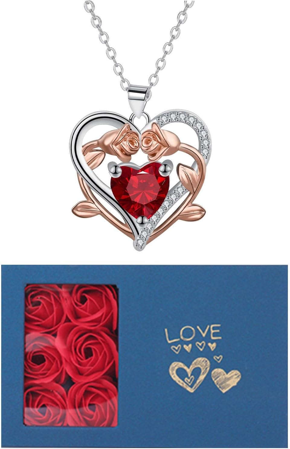 Mother’s Day gifts，Red Rose with Heart Necklace and Flower Gift Box, Valentine’s Gifts for Her