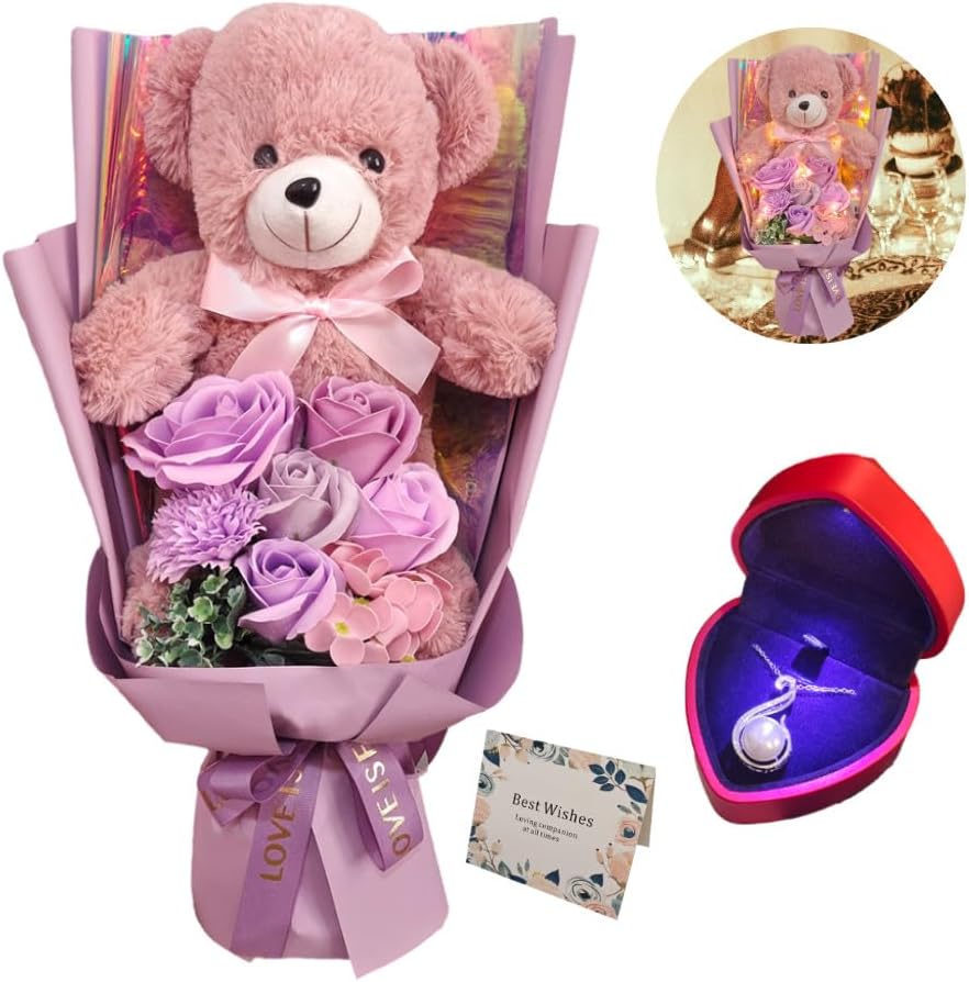 Eightown Preserved Rose Bouquet Flowers with Teddy Bear