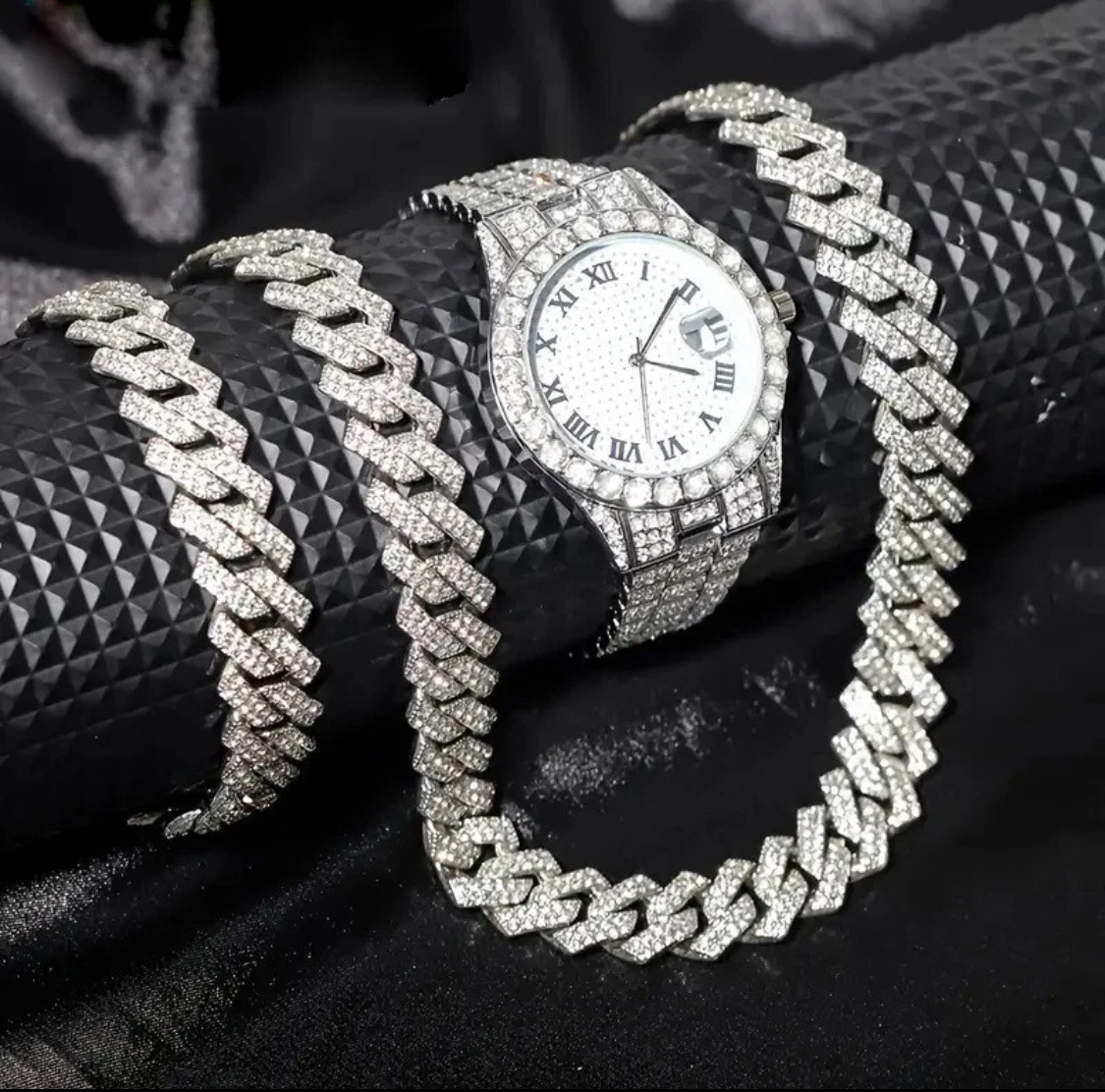 Rhinestone Quartz Watch Set with Matching Chain Necklace and Bracelet